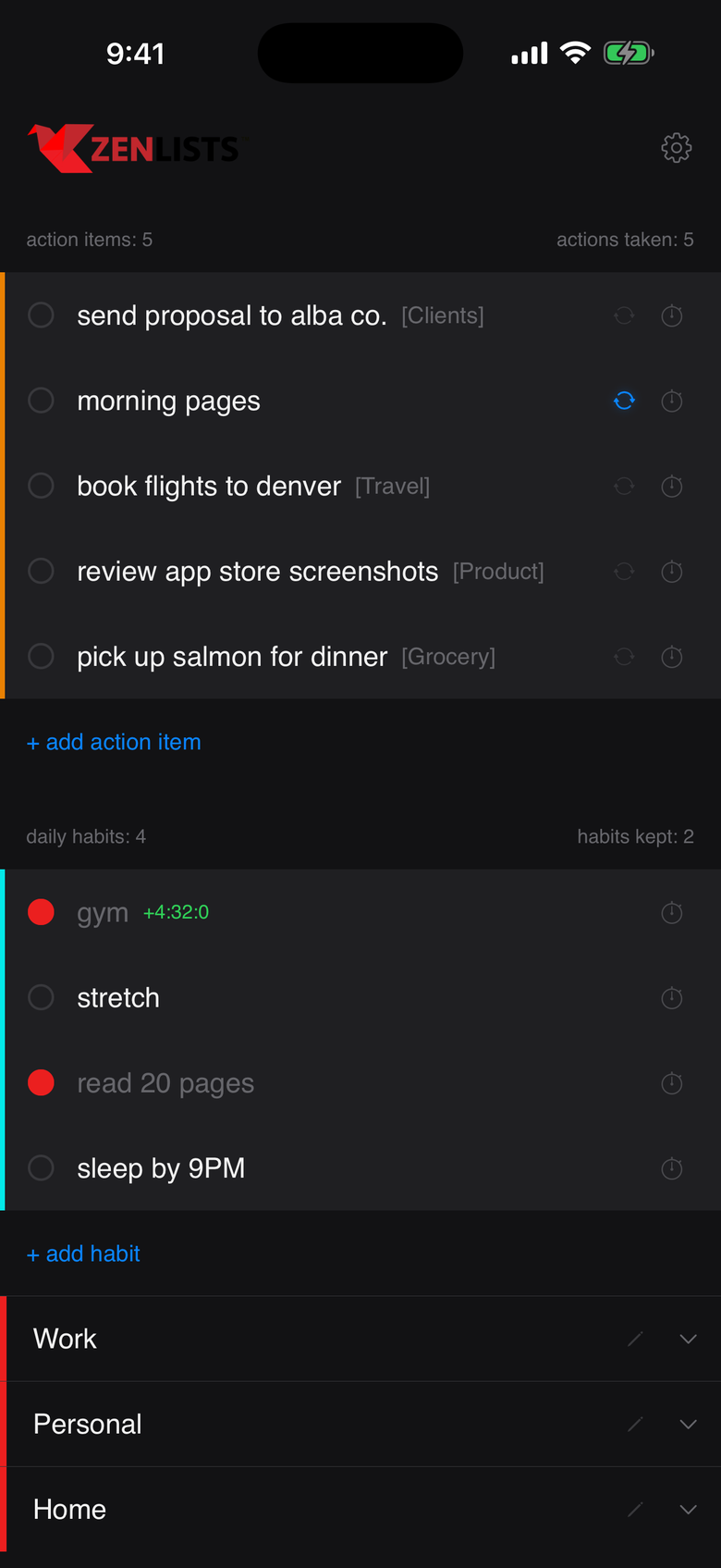 the zenlists board: action items and daily habits, dark mode