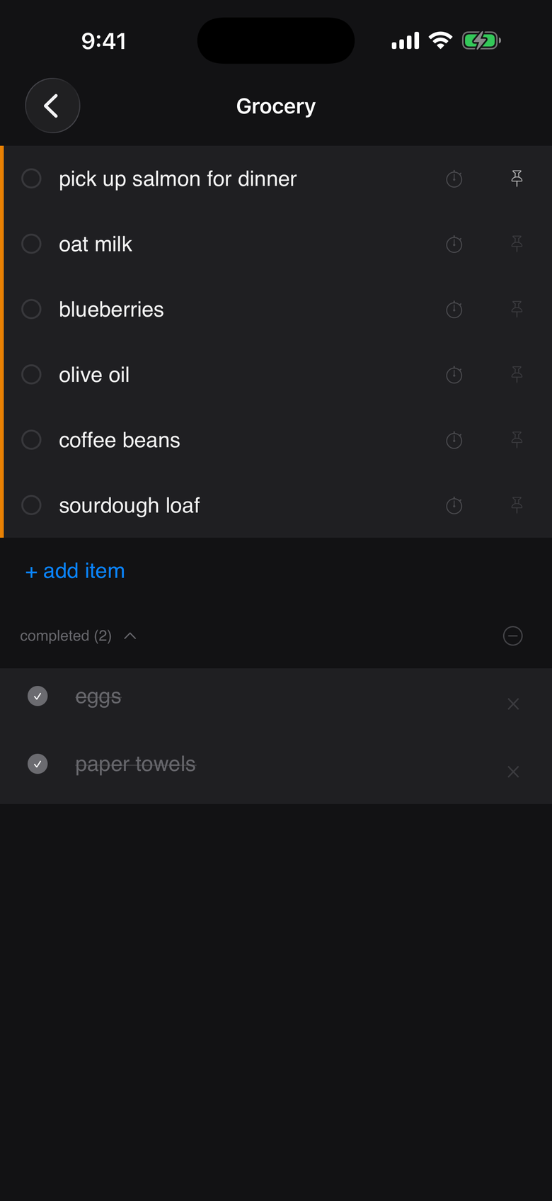 a grocery list in zenlists, dark mode