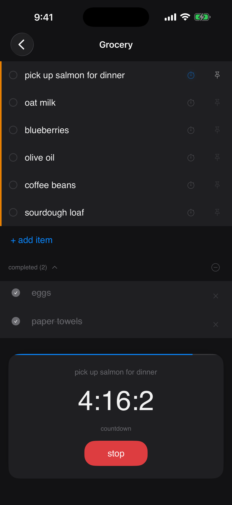 a running countdown on a list item in zenlists, dark mode